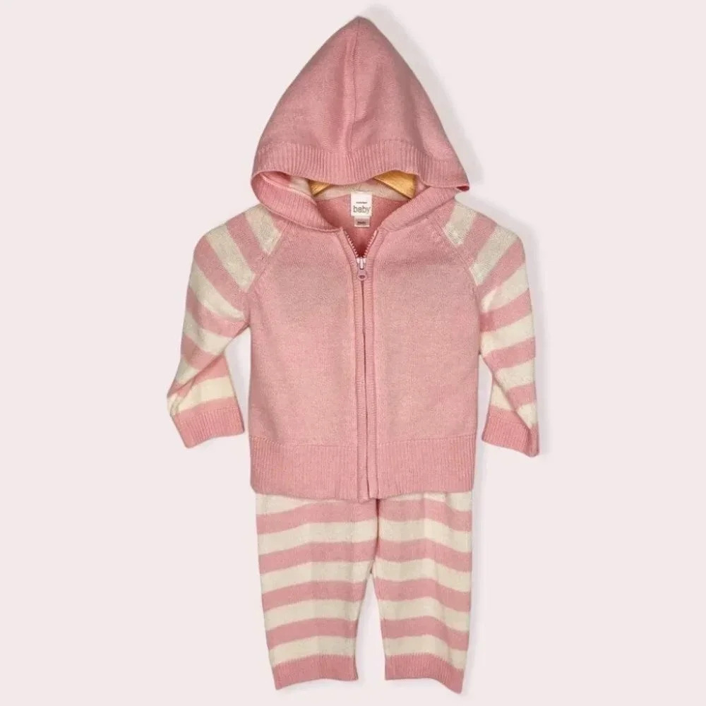 Nordstrom Baby jacket & pants set sweater‎ knit angora pink stripe size 6 months